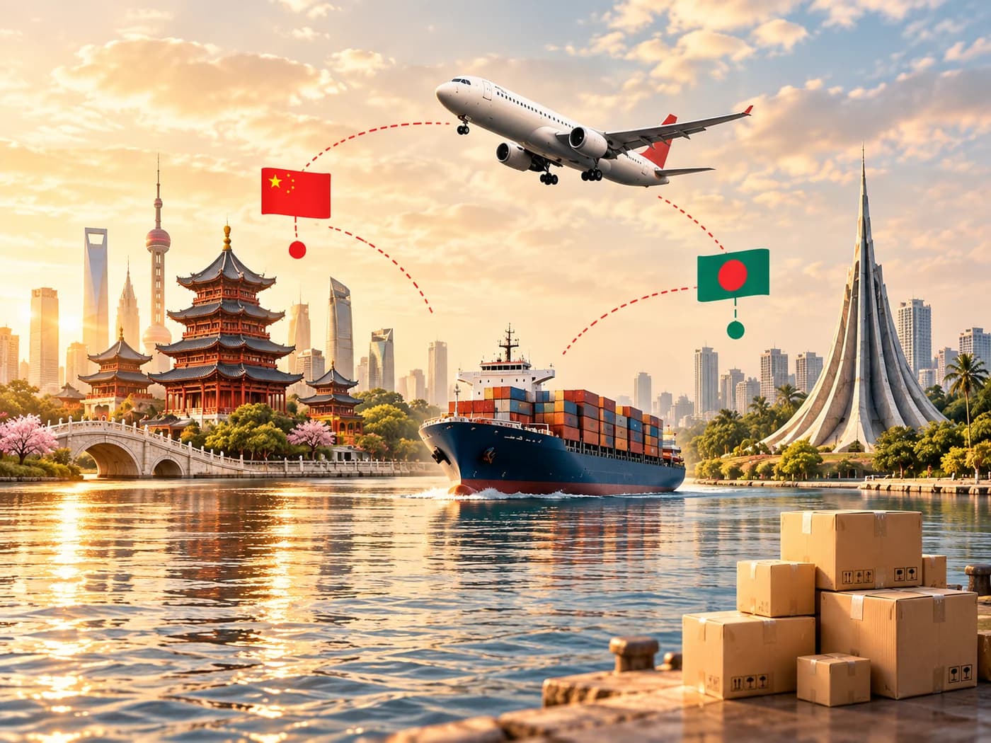 Products sourced in China, flown and shipped to Bangladesh